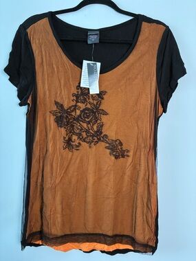 Covington Embellished Orange and Black Floral Mesh Short Sleeve Top